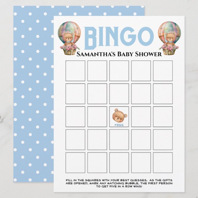 Invitation Fête de bébé garçon Teddy Ballon Bleu Bingo (Devant / Derrière)
