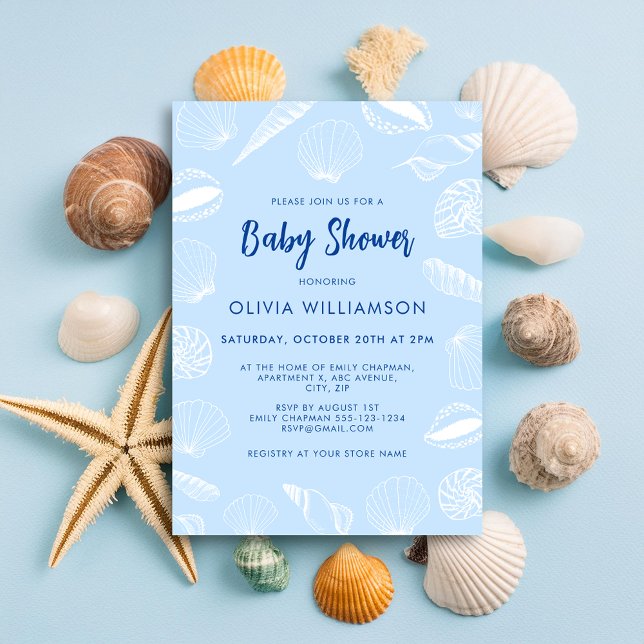 Invitation Fête de bébé garçon thème océan coquillages océani (Baby blue seashell baby shower invitation for beach ocean nautical theme mom to be celebrations)