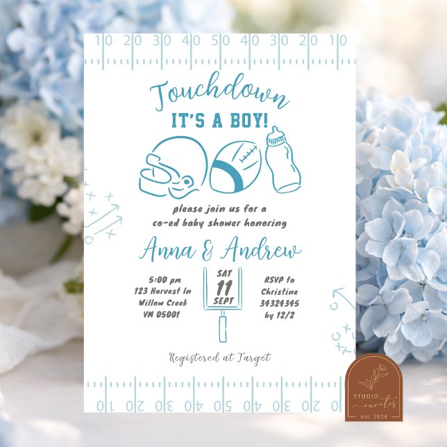 Invitation Fête de Bébé Garçon Touchdown Dessinée à la Main (Créateur téléchargé)