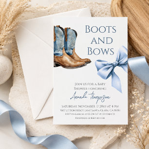 Invitation Fête de bébé garçon Western Blue Bottes et Rubans