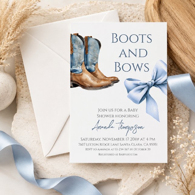Invitation Fête de bébé garçon Western Blue Bottes et Rubans (Créateur téléchargé)