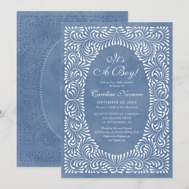 Invitation Fête de bébé Garçons Bleu Talavera (Devant / Derrière)