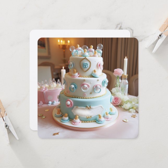 INVITATION FETE DE BÉBÉ, GÂTEAU BLEU ET BLANC AVEC TÉTINES (Devant/Arrière en situation)