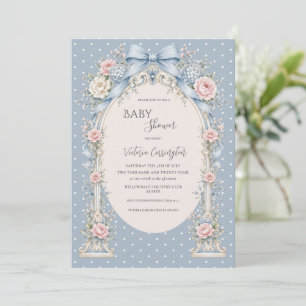Invitation Fête de Bébé Gazebo Floral Rose Bleu Vintage