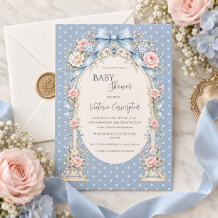 Invitation Fête de Bébé Gazebo Floral Rose Bleu Vintage