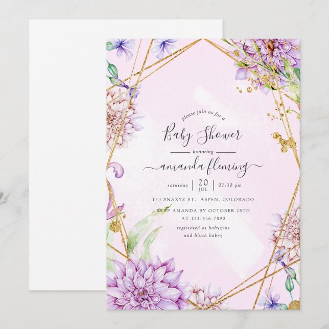 Invitation Fête de bébé géométrique florale violette et or (Devant / Derrière)