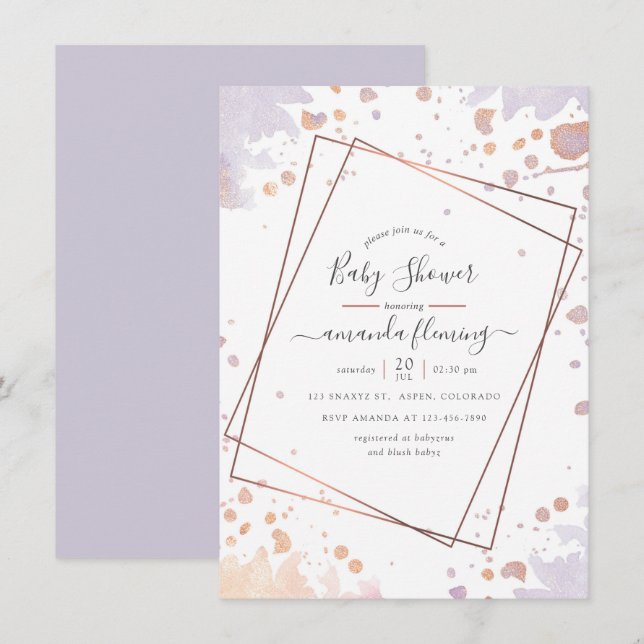 Invitation Fête de bébé géométrique Rose Gold et Violet Paste (Devant / Derrière)