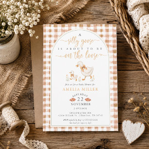 Invitation Fête de Bébé Gingham Automnal Oie Folle en Liberté