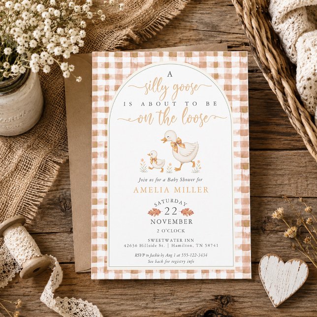 Invitation Fête de Bébé Gingham Automnal Oie Folle en Liberté (Fall Gingham Silly Goose on the Loose Baby Shower Invitation)