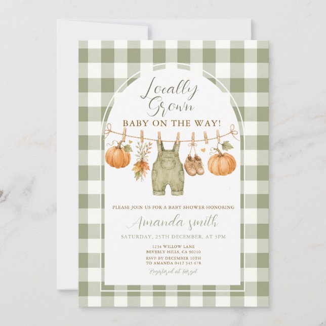 Invitation Fête de Bébé Gingham Automne Citrouille (Devant)