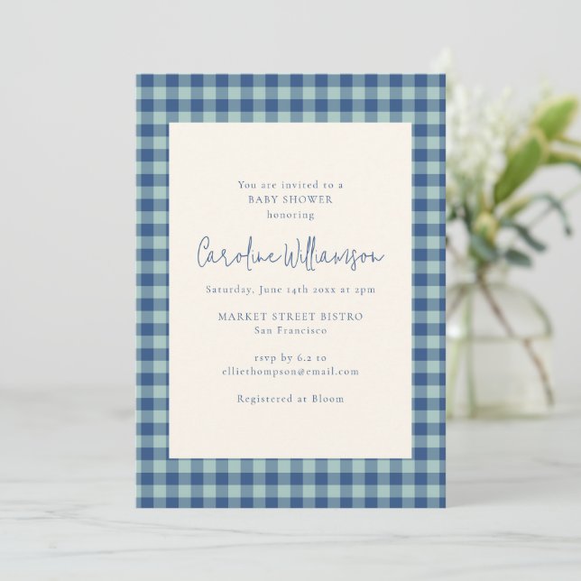 Invitation Fête de bébé gingham bleu sarcelle marine Prépa (Debout devant)