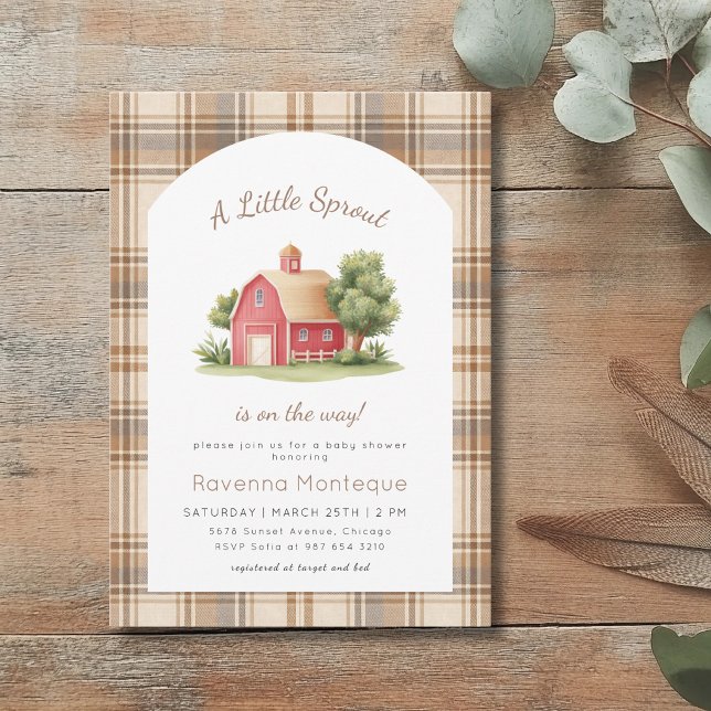 Invitation Fête de Bébé Gingham Brun Petite Pousse Grange Rou (Créateur téléchargé)