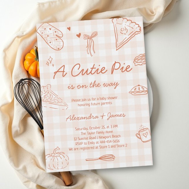Invitation Fête de bébé gingham Cutie Pie Coed automne (fall baby shower invitation cutie pie baking gingham hand drawn terracotta autumn )