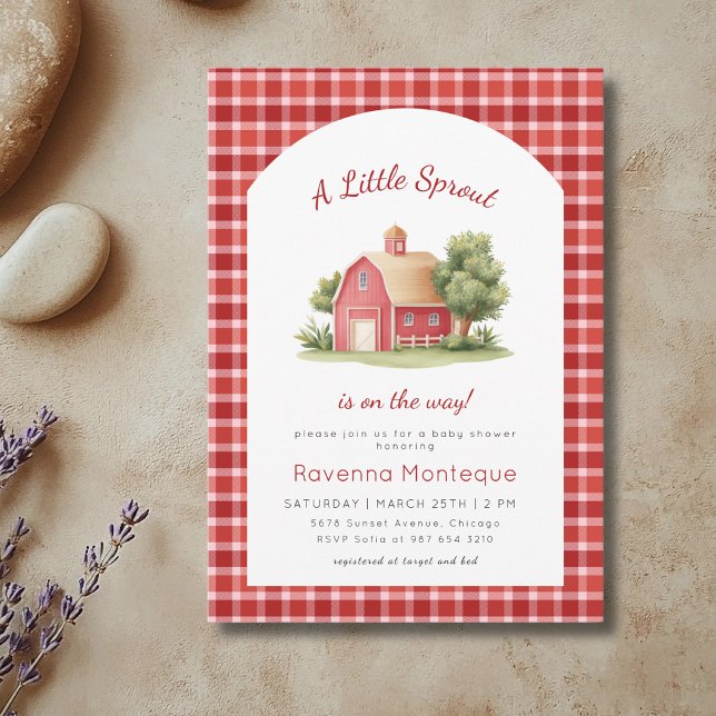 Invitation Fête de Bébé Gingham Rouge Grange Petite Pousse (Créateur téléchargé)