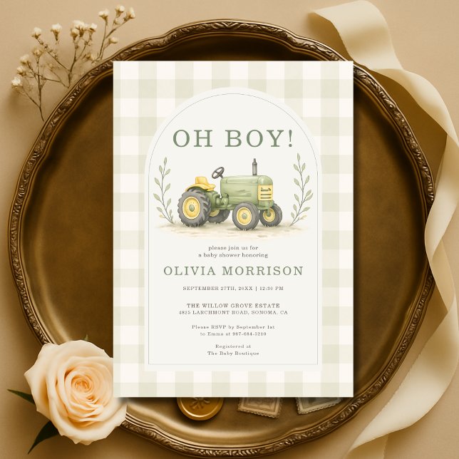 Invitation Fête de Bébé Gingham Tracteur de Ferme (Créateur téléchargé)