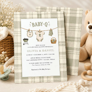 Invitation Fête de Bébé Gingham Vert Sauge BBQ Vintage