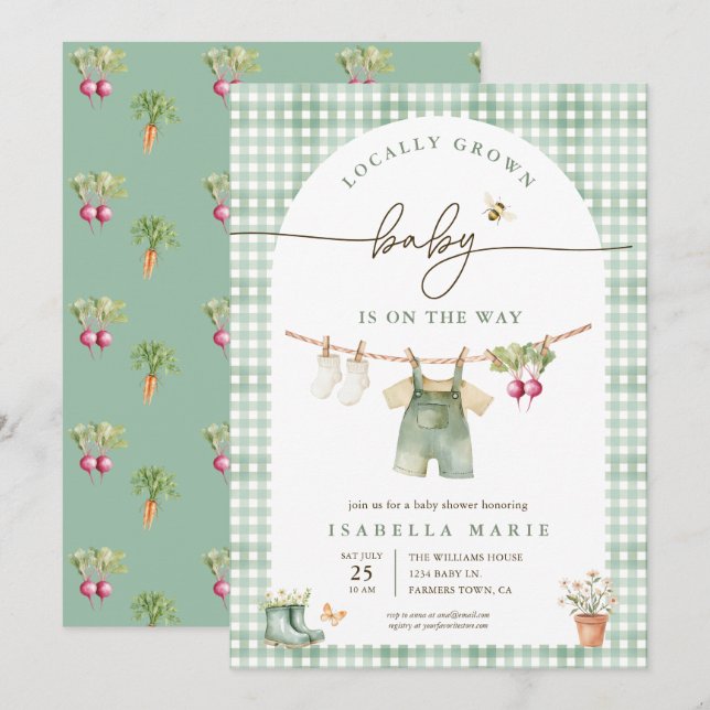 Invitation Fête de Bébé Gingham Vert Sauge Localement Cultivé (Devant / Derrière)