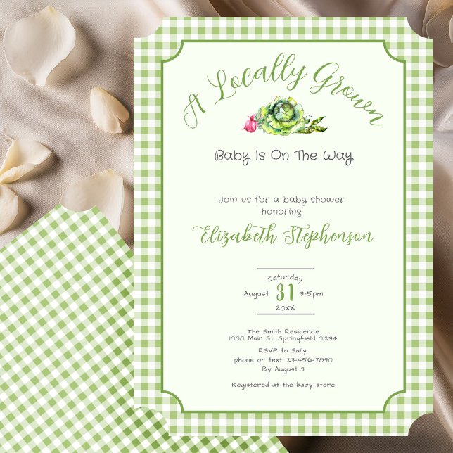 Invitation Fête de Bébé Gingham Vert Sauge Produit Local (Créateur téléchargé)