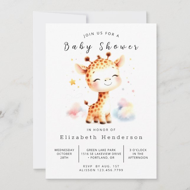 Invitation Fête de bébé girafe à l'aquarelle modifiable (Devant)