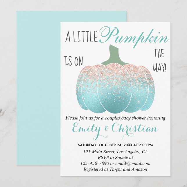 Invitation Fête de bébé Glam Pumpkin Aqua Pêche Orange Paille (Devant / Derrière)