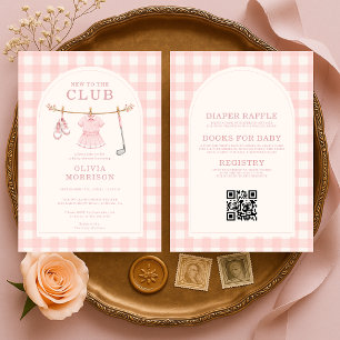 Invitation Fête de bébé Golf tout-en-un fille rose à carreaux