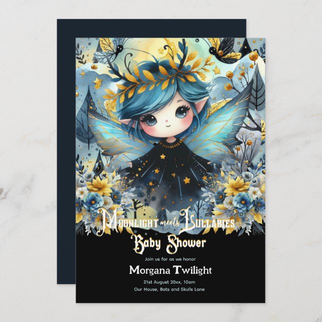 Invitation Fête de bébé gothique Mignonne Fille Clair de lune (Devant / Derrière)