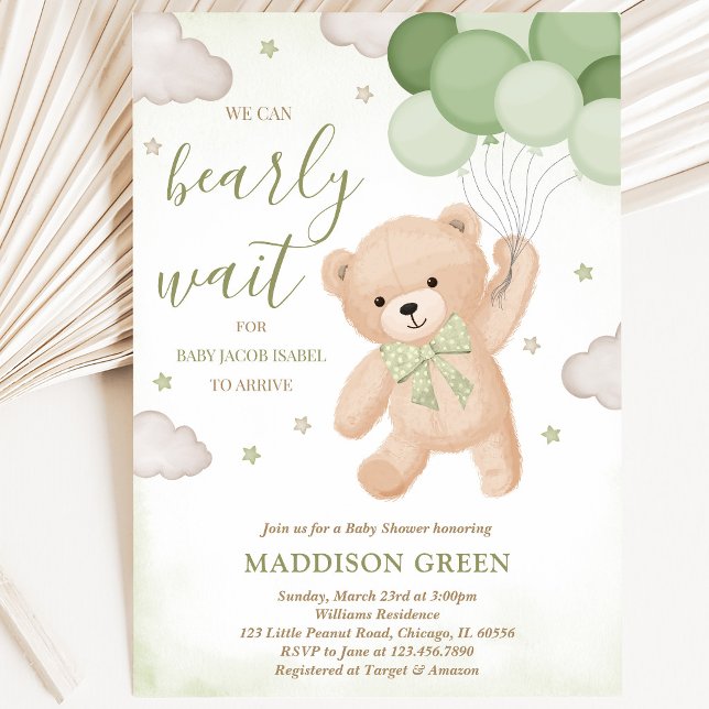 Invitation Fête de Bébé Green We Can Bearly Wait (Créateur téléchargé)