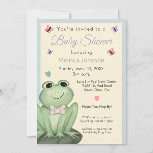 Invitation Fête de Bébé Grenouille Crémeuse Bleue Poussiéreus (Devant)