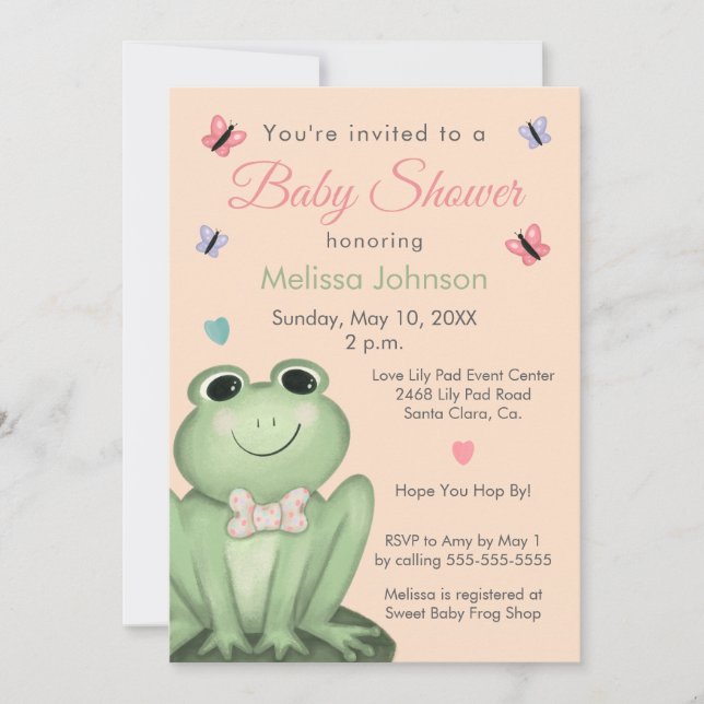 Invitation Fête de Bébé Grenouille Rose Fantaisiste (Devant)