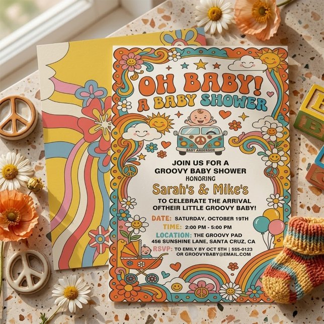 Invitation Fête de Bébé Groovy Rétro Bus Fleur Hippie 70s  (Créateur téléchargé)