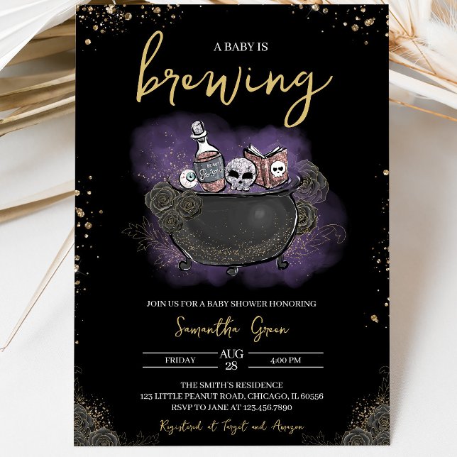 Invitation Fête de Bébé Halloween Gothique Or Violet (Créateur téléchargé)