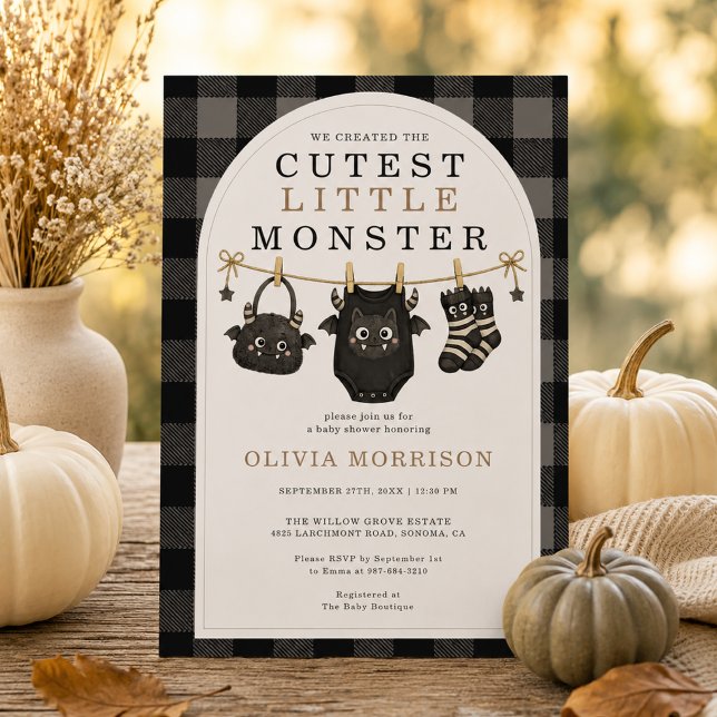 Invitation Fête de bébé Halloween Monstre Linge Gingham (Créateur téléchargé)