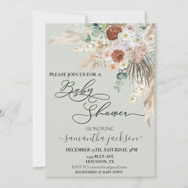Invitation Fête de Bébé Herbe de Pampas Bohème Aquarelle (Devant)