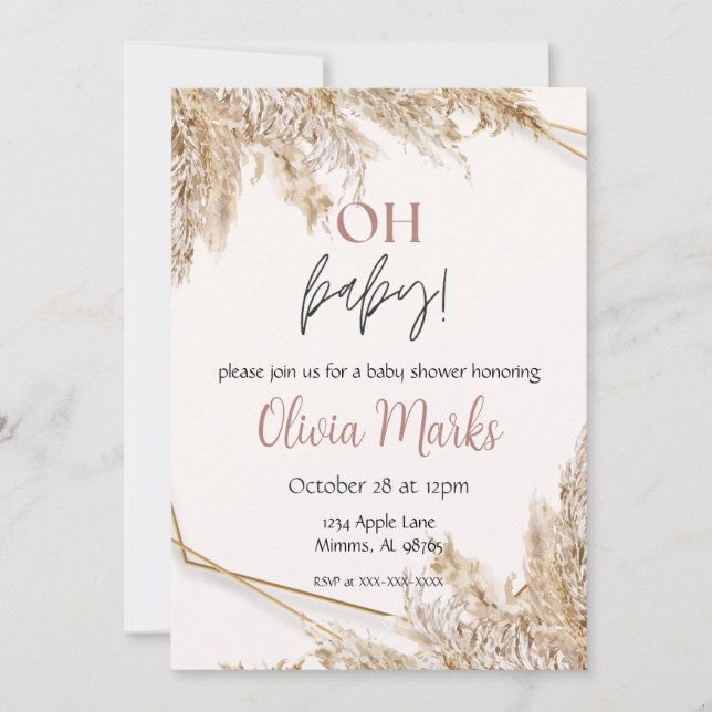 Invitation Fête de bébé Herbe des Pampas | Neutre Bohème Rust (Devant)