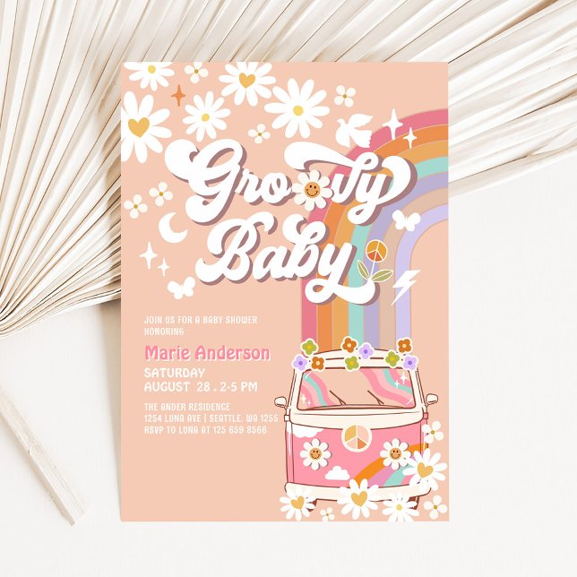 Invitation Fête de bébé hippie arc-en-ciel Daisy rose Van Gro (Créateur téléchargé)