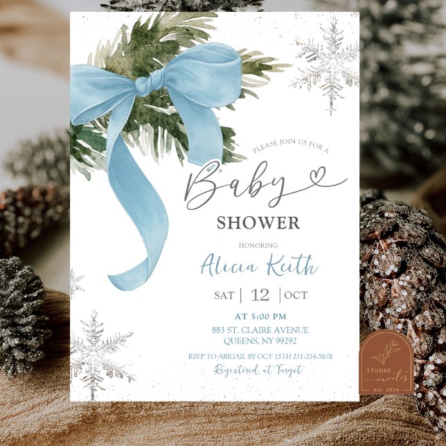 Invitation Fête de Bébé Hiver Coquette Ruban Bleu Poussiéreux (Créateur téléchargé)