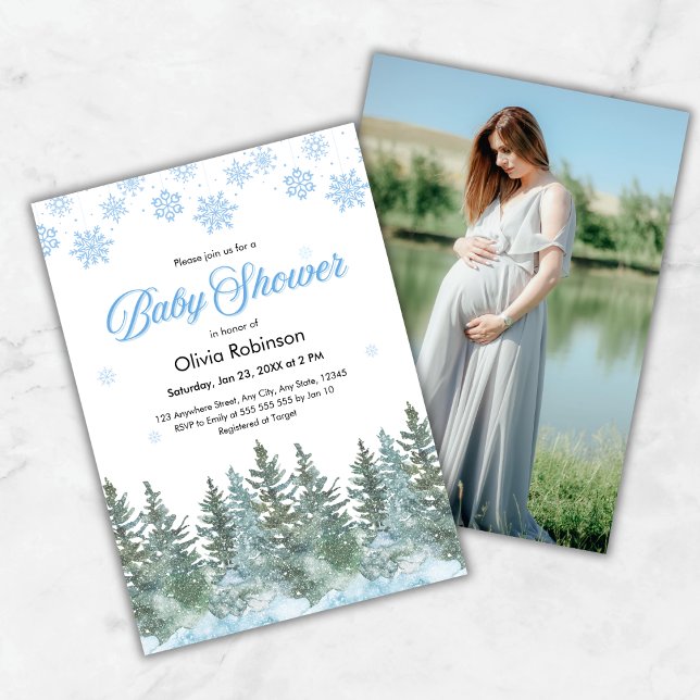 Invitation Fête de Bébé Hiver Flocons de Neige Pins (Photo Snowflakes Pine Trees Winter Baby Shower Invitation )