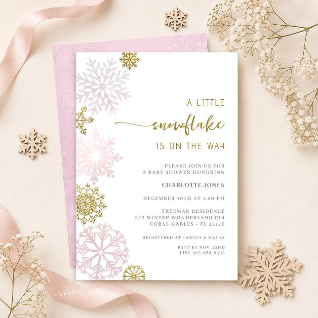 Invitation Fête de Bébé Hiver Merveilleux Flocon de Neige Ros (Winter Wonderland Baby Shower Invitation)