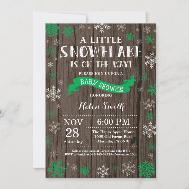 Invitation Fête de bébé hivernale rustique - Flocon de neige  (Devant)