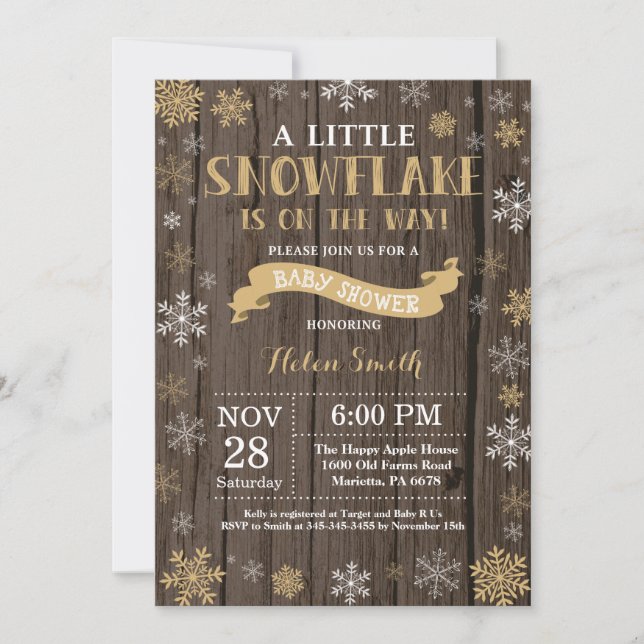 Invitation Fête de bébé hivernale rustique - Flocon de neige  (Devant)