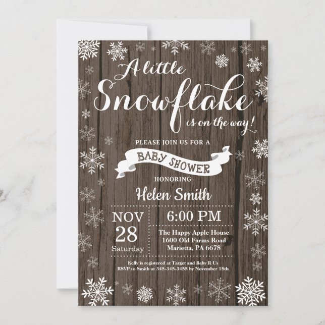 Invitation Fête de bébé hivernale rustique - Flocon de neige  (Devant)