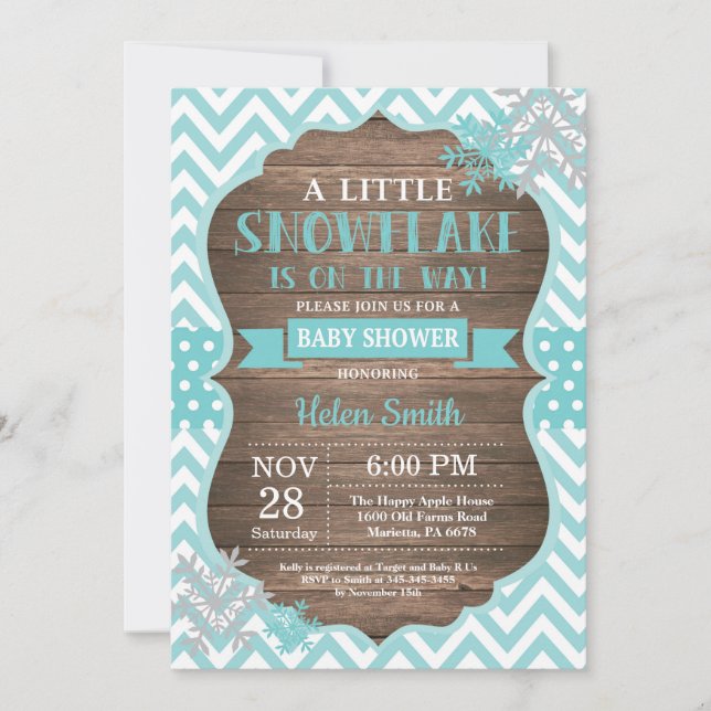 Invitation Fête de bébé hivernale rustique Flocon de neige aq (Devant)