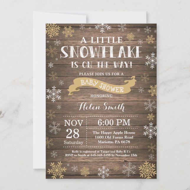 Invitation Fête de bébé hivernale rustique Flocon de neige do (Devant)
