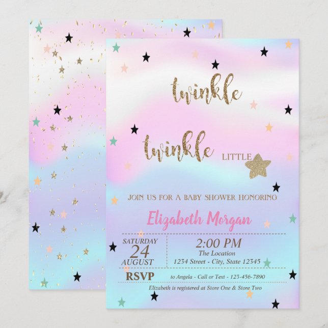 Invitation Fête de Bébé Holographique Twinkle Little Star (Devant / Derrière)