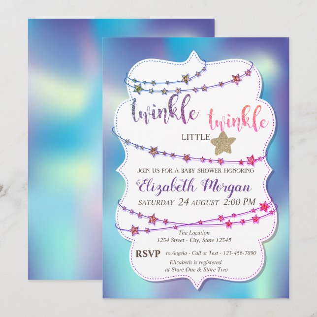 Invitation Fête de Bébé Holographique Twinkle Little Star (Devant / Derrière)