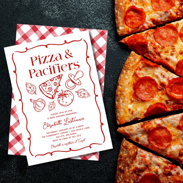 Invitation Fête de bébé italienne dessinée à la main Pizza &  (Pizza & Pacifiers Hand Drawn Italian Baby Shower Invitation)