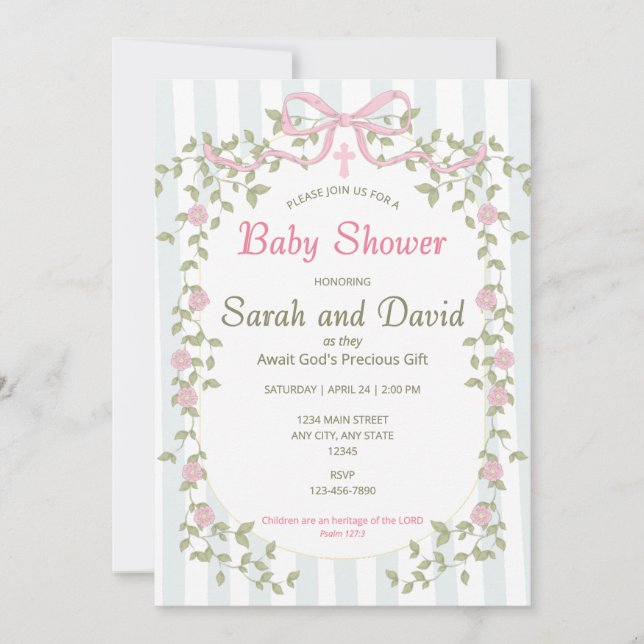 Invitation Fête de bébé jardin aquarelle chrétienne  (Devant)