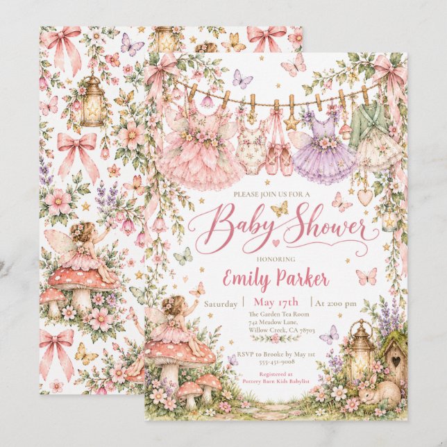 Invitation Fête de Bébé Jardin de Fées Enchanté (Devant / Derrière)