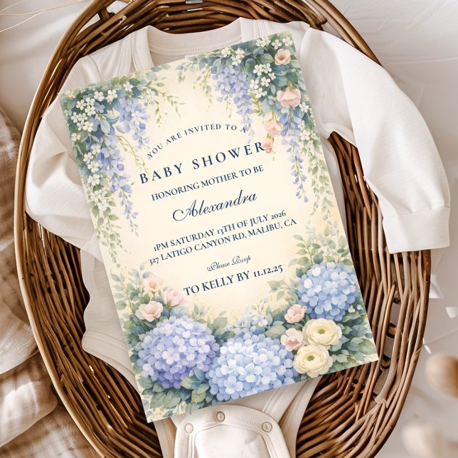 Invitation Fête de Bébé Jardin Romantique d'Hydrangeas Bleus (Créateur téléchargé)