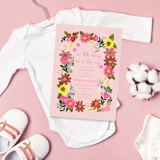 Invitation Fête de bébé jumeaux Lapin fille mignonne (Créateur téléchargé)